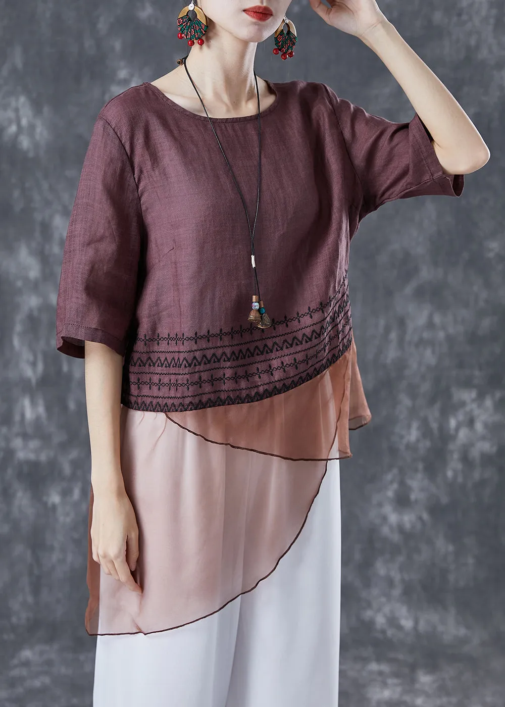 Brown Patchwork Linen Shirts Asymmetrical Embroideried Summer LY4097