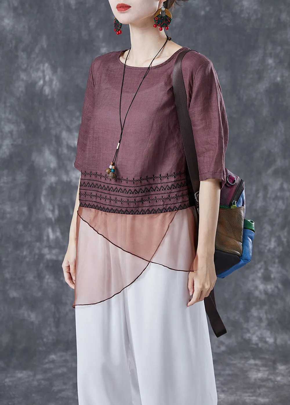 Brown Patchwork Linen Shirts Asymmetrical Embroideried Summer LY4097