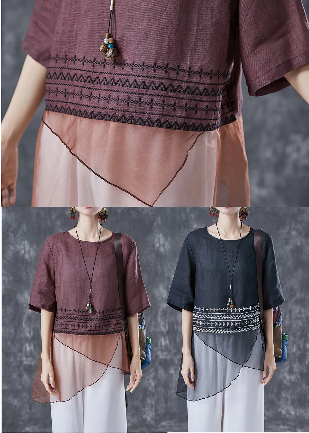 Brown Patchwork Linen Shirts Asymmetrical Embroideried Summer LY4097