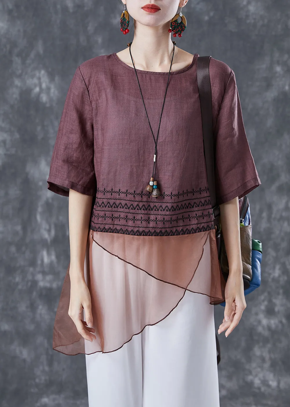 Brown Patchwork Linen Shirts Asymmetrical Embroideried Summer LY4097