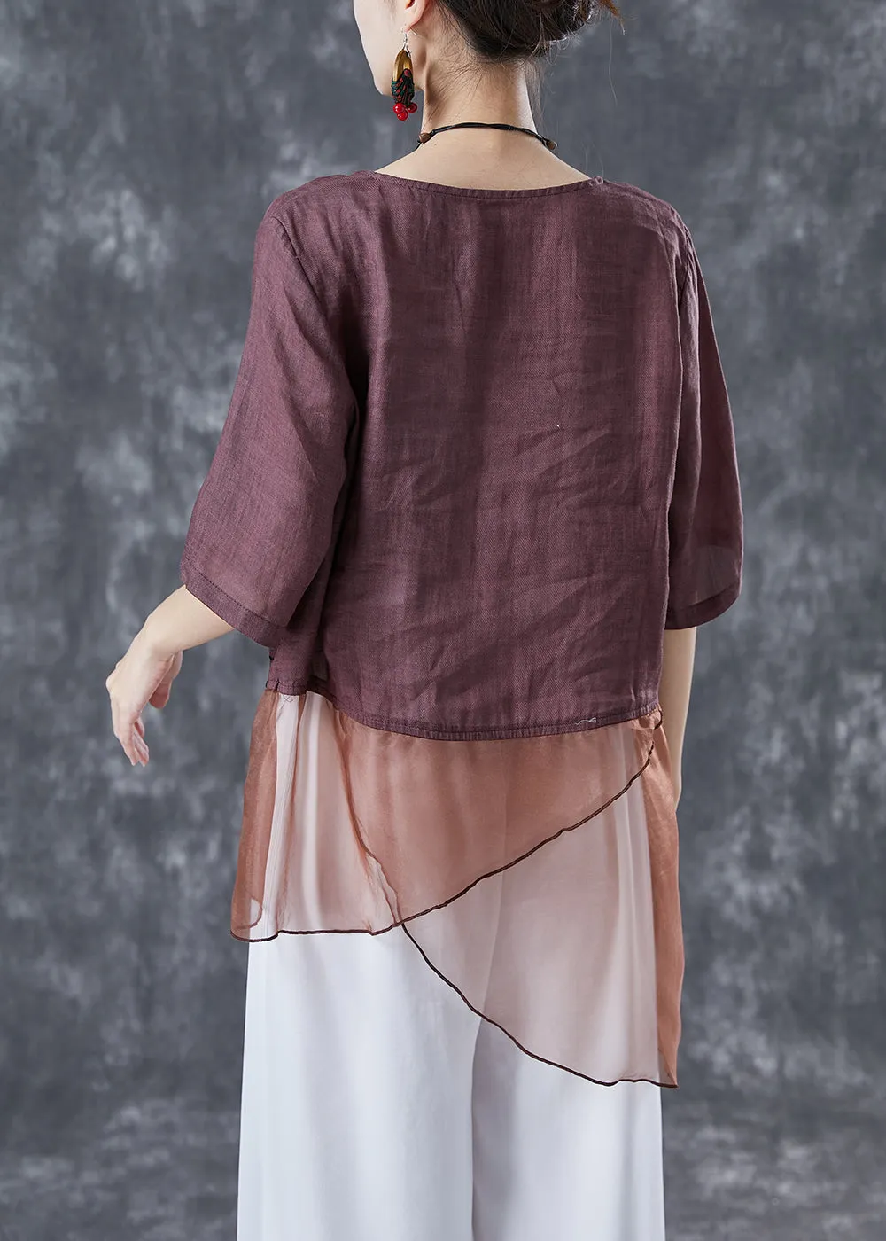 Brown Patchwork Linen Shirts Asymmetrical Embroideried Summer LY4097