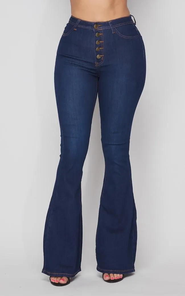 Button Fly Bell Bottom Stretchy Jeans - Dark Denim