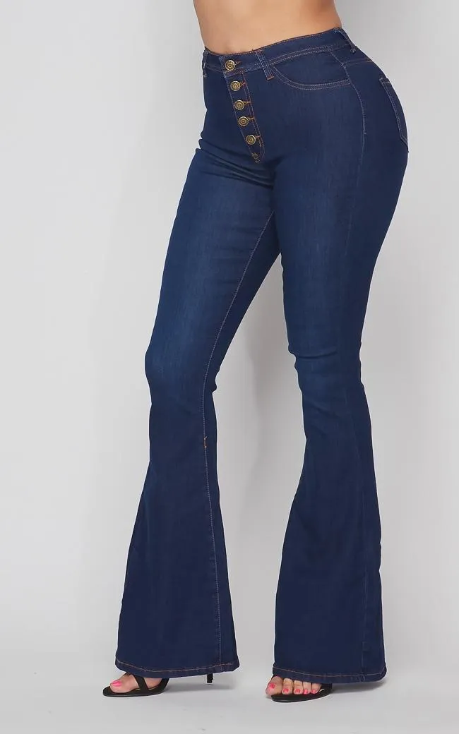 Button Fly Bell Bottom Stretchy Jeans - Dark Denim