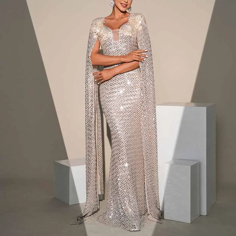 Cape Sleeves Champagne Prom Dress Sequin Wedding Cocktail Dress