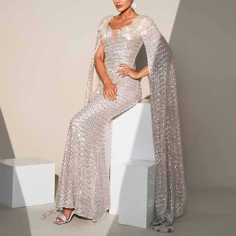 Cape Sleeves Champagne Prom Dress Sequin Wedding Cocktail Dress