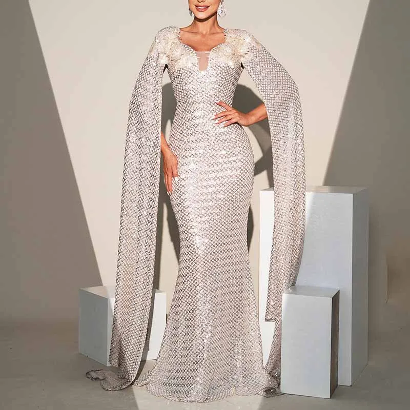 Cape Sleeves Champagne Prom Dress Sequin Wedding Cocktail Dress