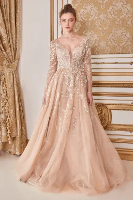 CHAMPAGNE LONG SLEEVE BEADED A-LINE GOWN CDA1215