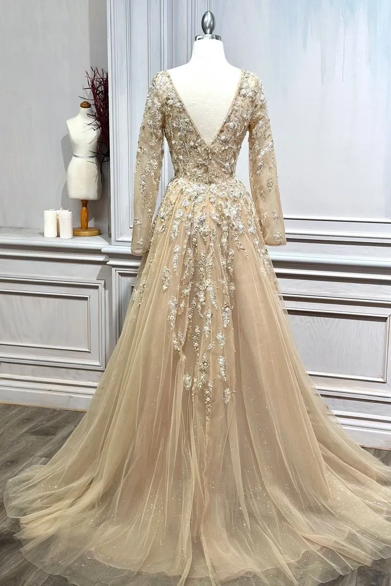 CHAMPAGNE LONG SLEEVE BEADED A-LINE GOWN CDA1215