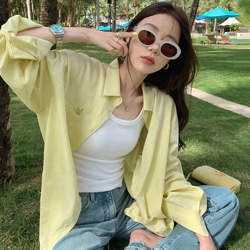 Chic Yellow Basic Office Ladies Shirts Solid Color Loose Single Breasted Drop Sleeves Women's Shirts Simple Streetwear