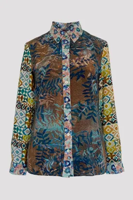 Concordia Patchwork One-of-a-Kind Blue/Brown Silk Crepe de Chine Shirt