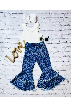 Dark blue cheetah print double flare bell bottoms