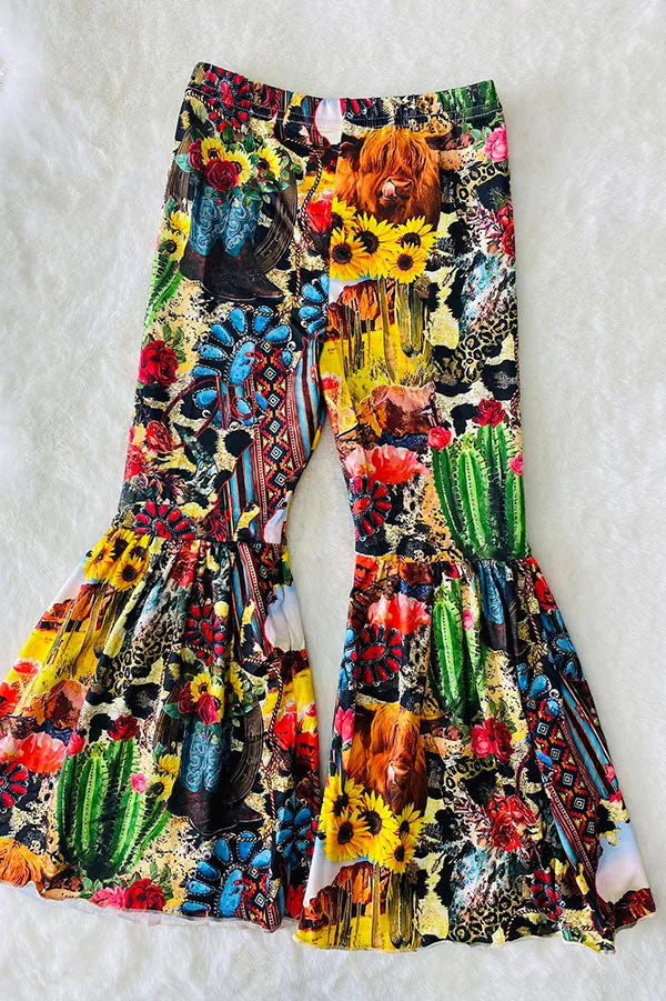 DLH1108-4 Western sunflower & jewel, cow girls printed bell bottoms