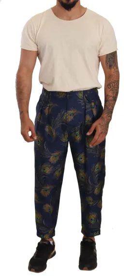 Dolce & Gabbana Blue Peacock Print Tapered Trousers Silk Pants