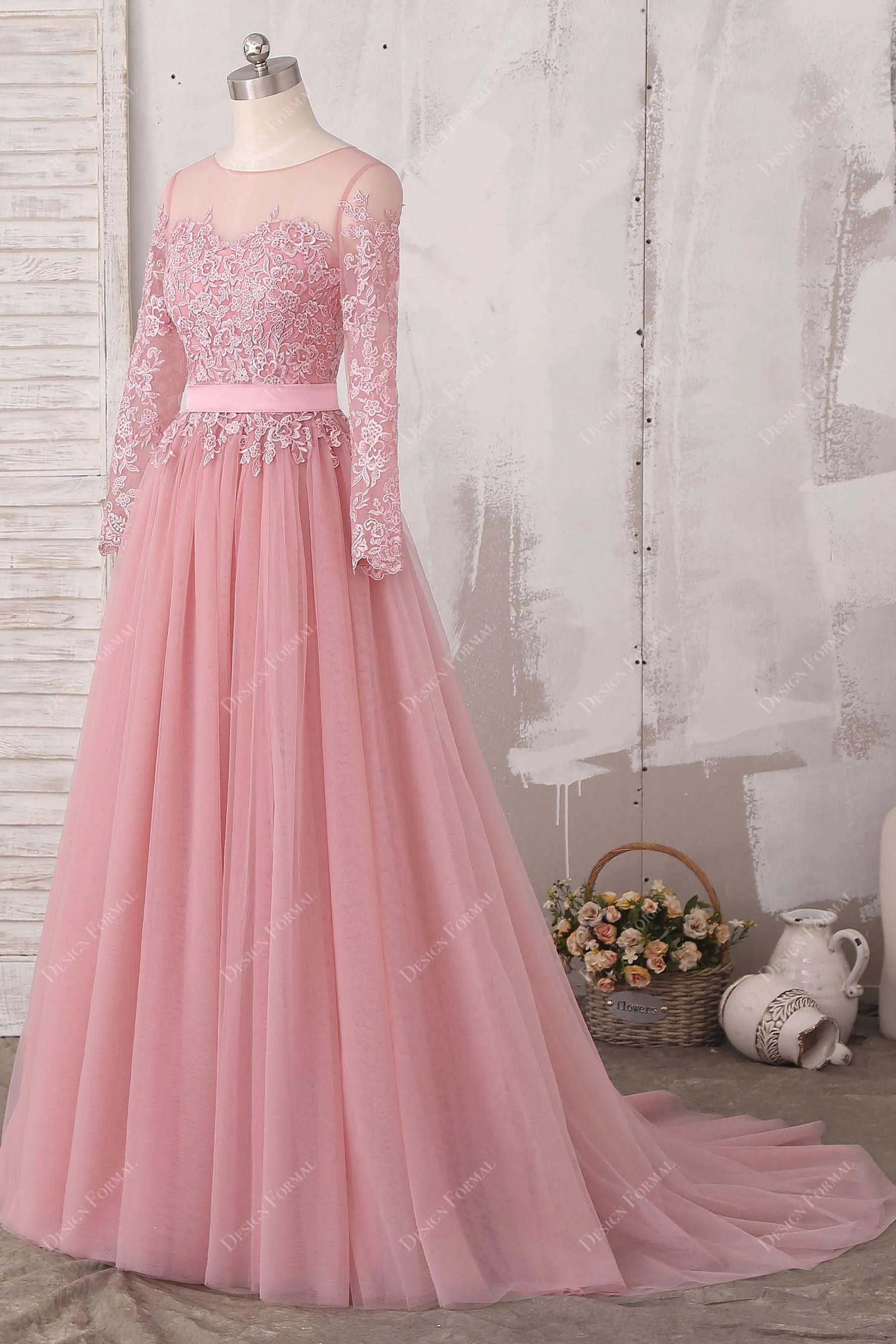 Dusty Pink Lace Tulle Sheer Long Sleeves Elegant Dress