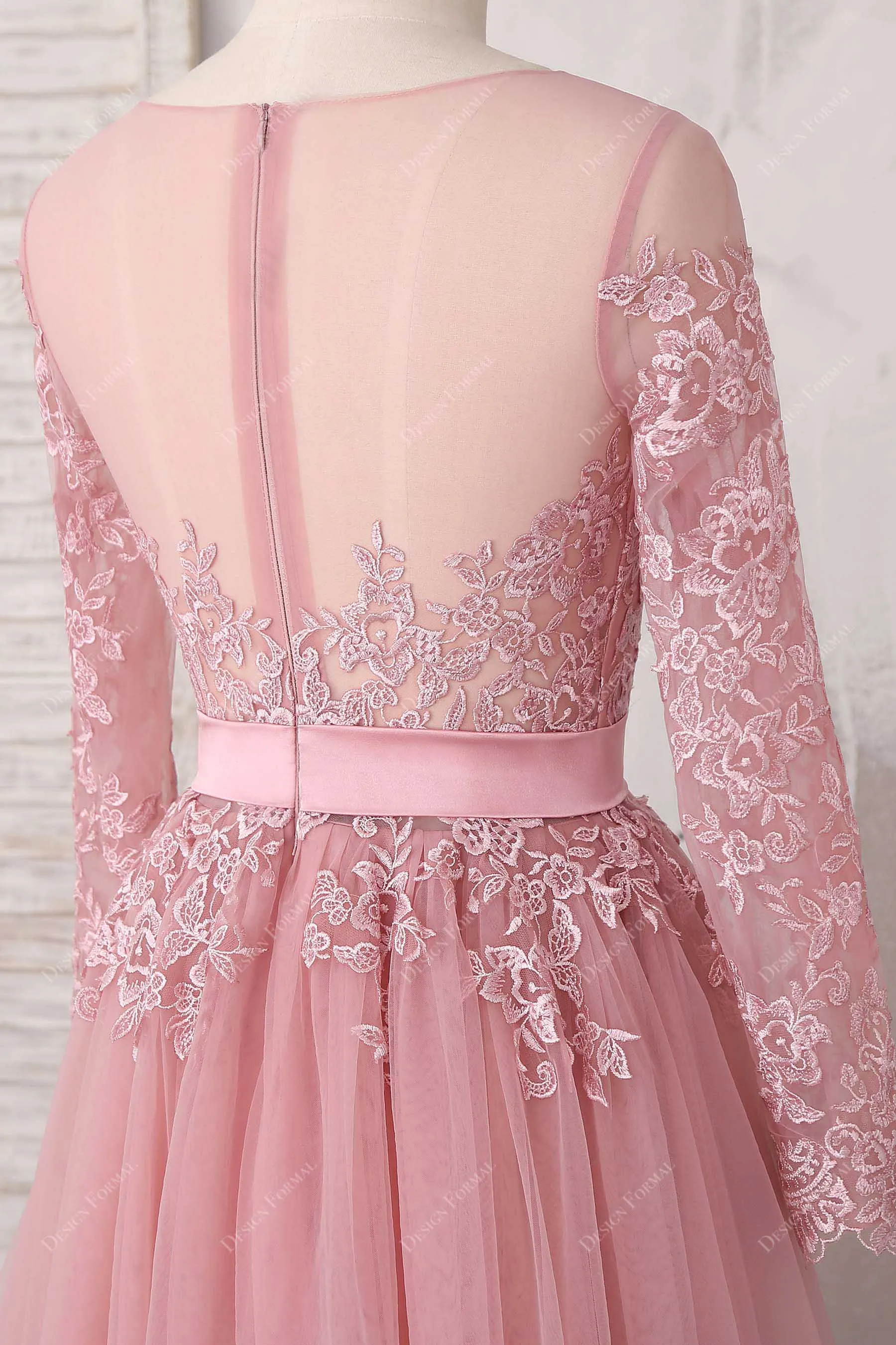 Dusty Pink Lace Tulle Sheer Long Sleeves Elegant Dress