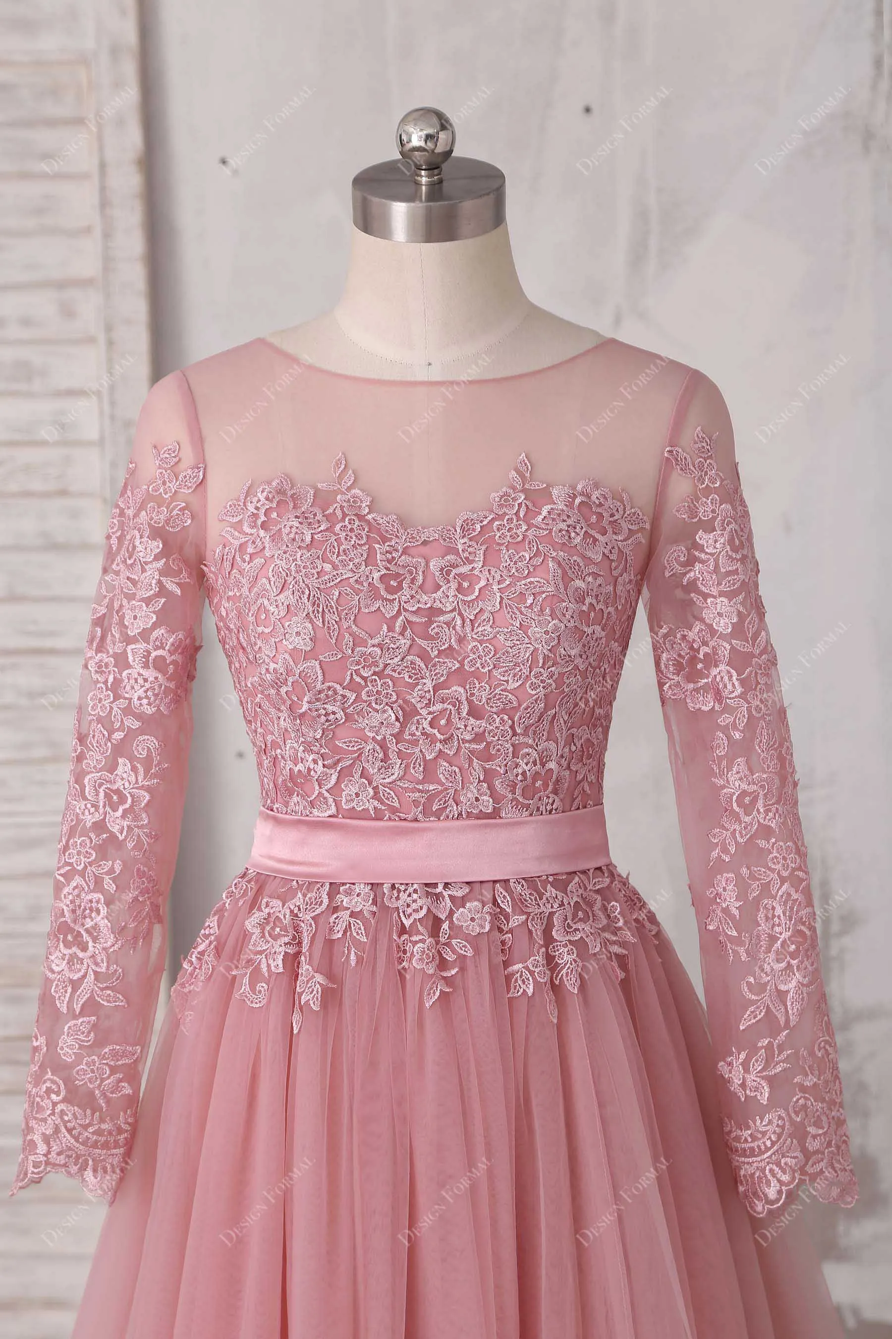 Dusty Pink Lace Tulle Sheer Long Sleeves Elegant Dress