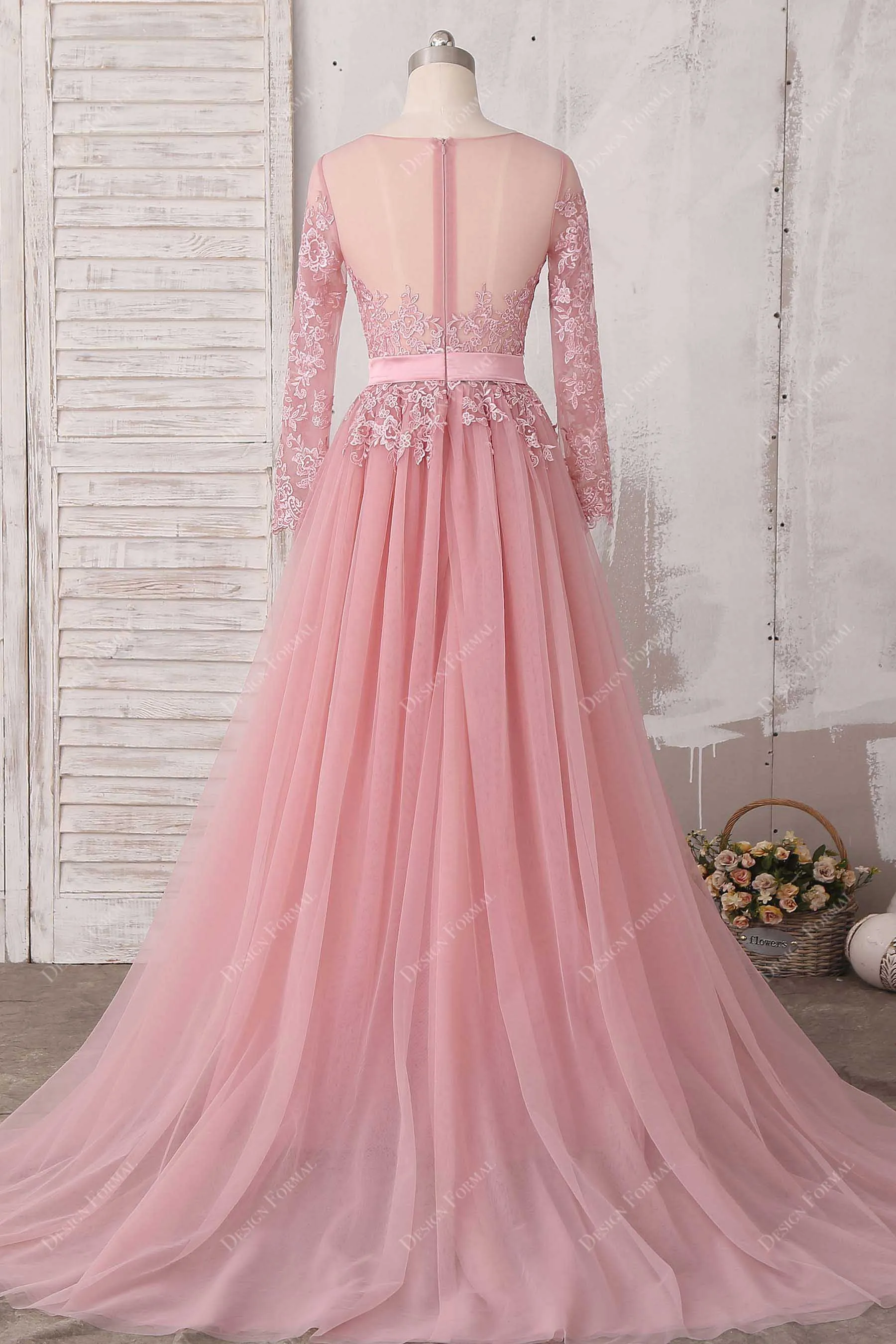 Dusty Pink Lace Tulle Sheer Long Sleeves Elegant Dress