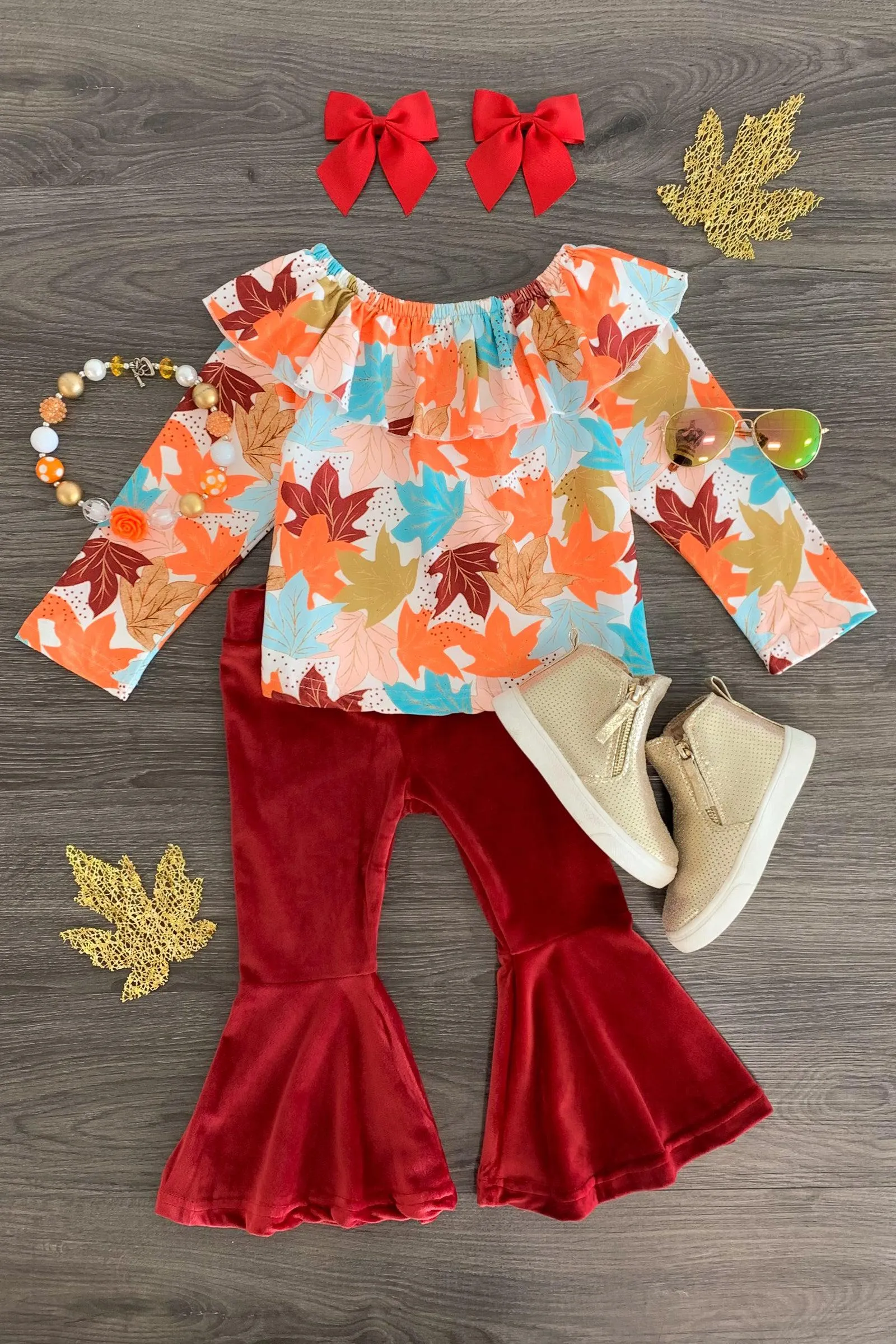 Fall Leaf Velvet Bell Bottom Set