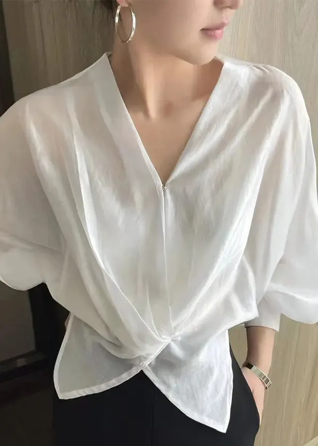 Fashion White V Neck Asymmetrical Silk Thin Shirts Spring HA1059