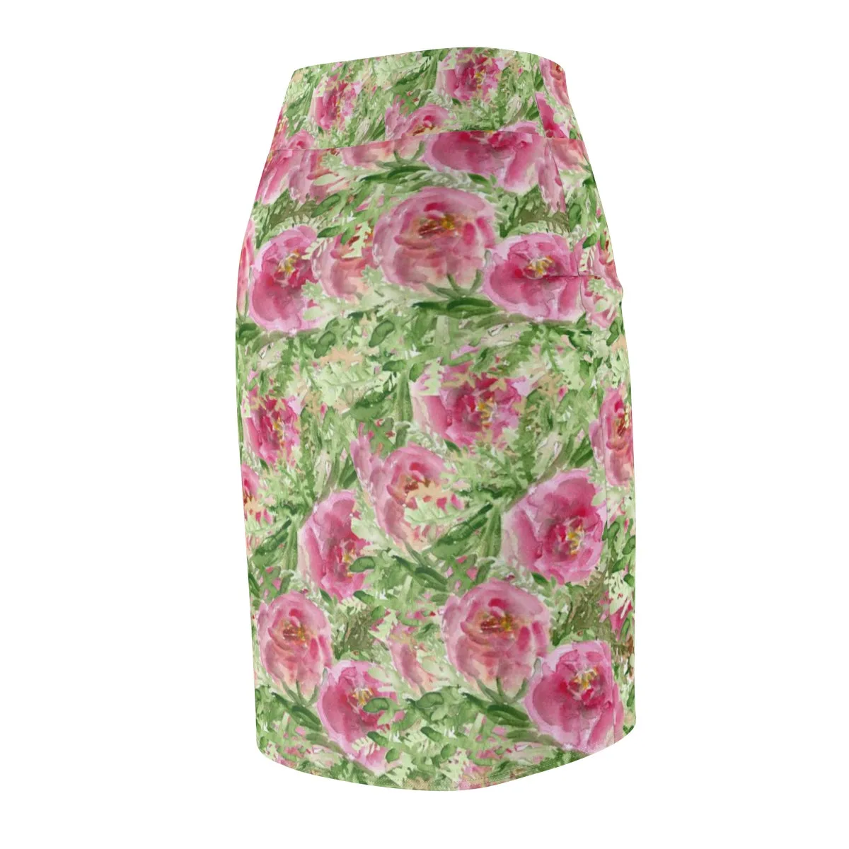 Green Pink Floral Pencil Skirt, Angel Rose Floral Print Designer Women's Mid-Waist Pencil Skirt -Made in USA