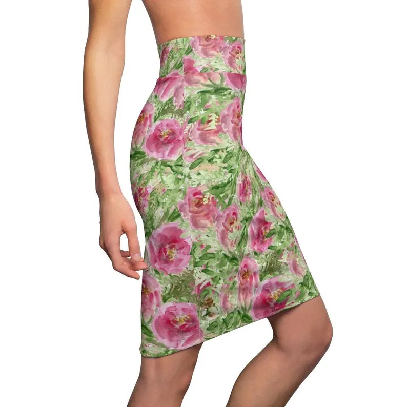 Green Pink Floral Pencil Skirt, Angel Rose Floral Print Designer Women's Mid-Waist Pencil Skirt -Made in USA