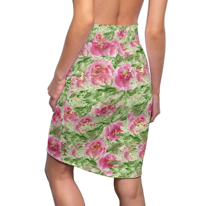 Green Pink Floral Pencil Skirt, Angel Rose Floral Print Designer Women's Mid-Waist Pencil Skirt -Made in USA