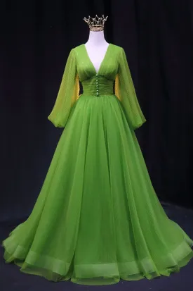 Green V-Neck Tulle Long Prom Dress, Long Sleeve Green Formal Evening Dress