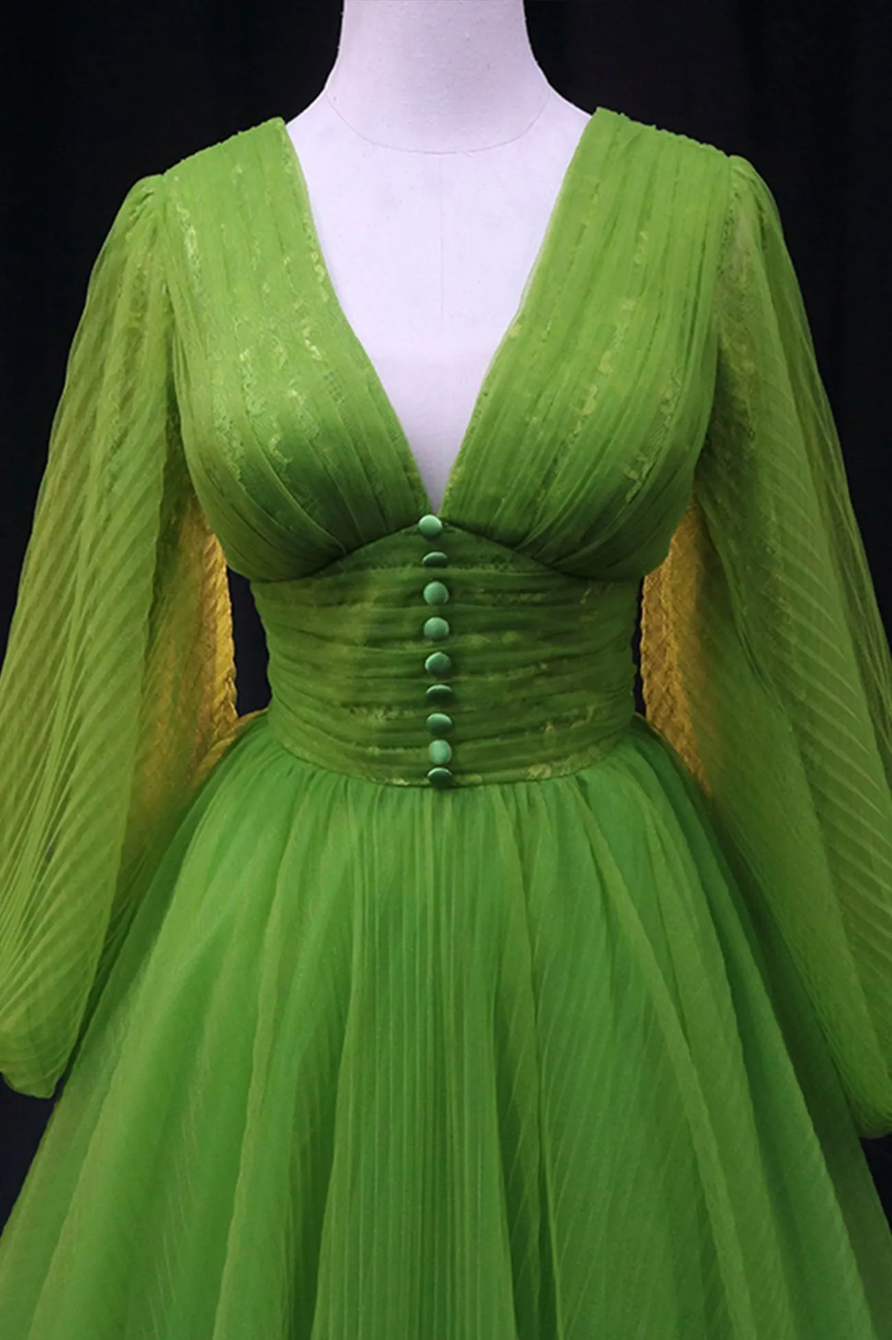 Green V-Neck Tulle Long Prom Dress, Long Sleeve Green Formal Evening Dress