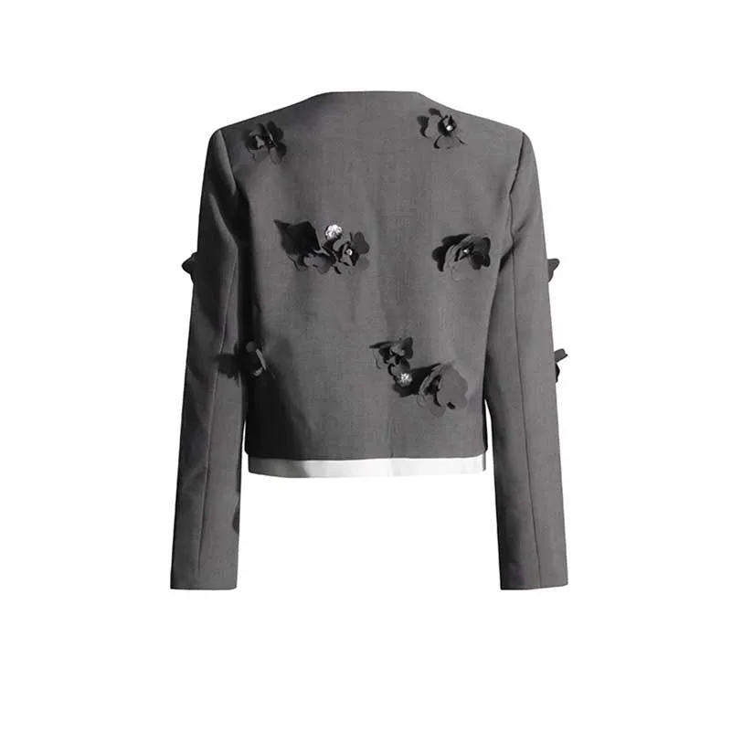 Grey Skirt Suit With Flower Embellished Jacket and Skirt