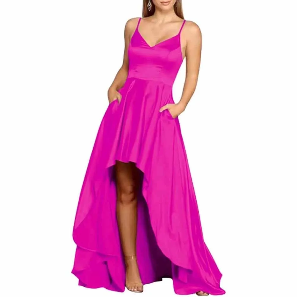 High Low Satin Bridesmaid Dress Prom Dresses A Line Event Dress with Pockets