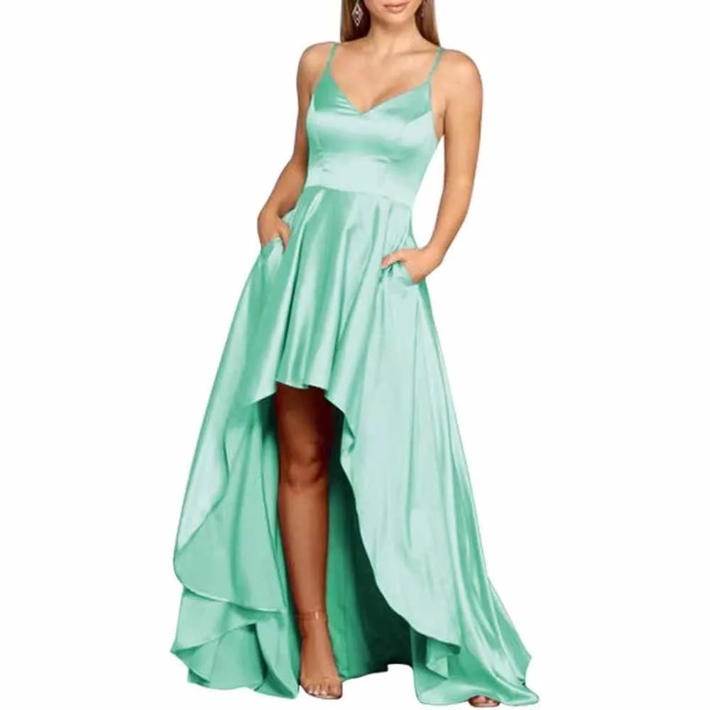 High Low Satin Bridesmaid Dress Prom Dresses A Line Event Dress with Pockets