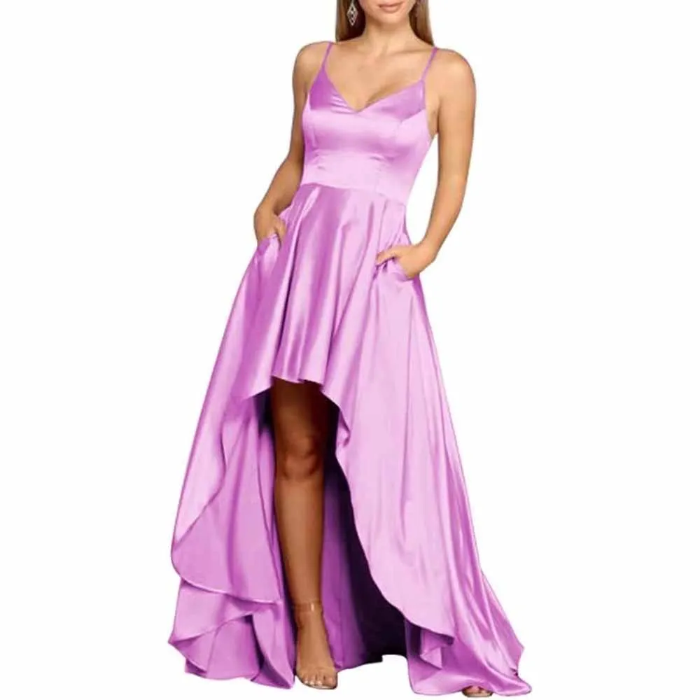 High Low Satin Bridesmaid Dress Prom Dresses A Line Event Dress with Pockets