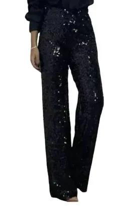 High Waist Straight Leg Sequin Trousers Elasticated Waistband