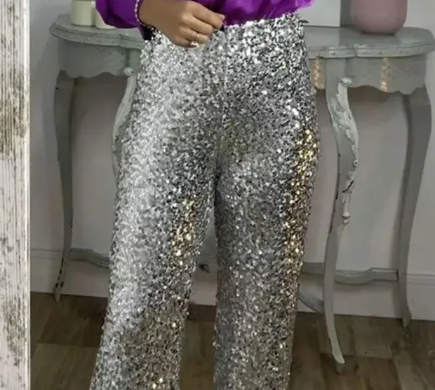 High Waist Straight Leg Sequin Trousers Elasticated Waistband