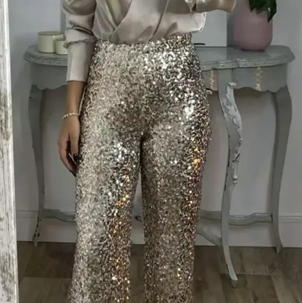 High Waist Straight Leg Sequin Trousers Elasticated Waistband