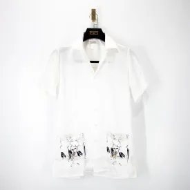 Ivory White Italian Imported Cuban Face Accented Short Sleeve Silk Shirt