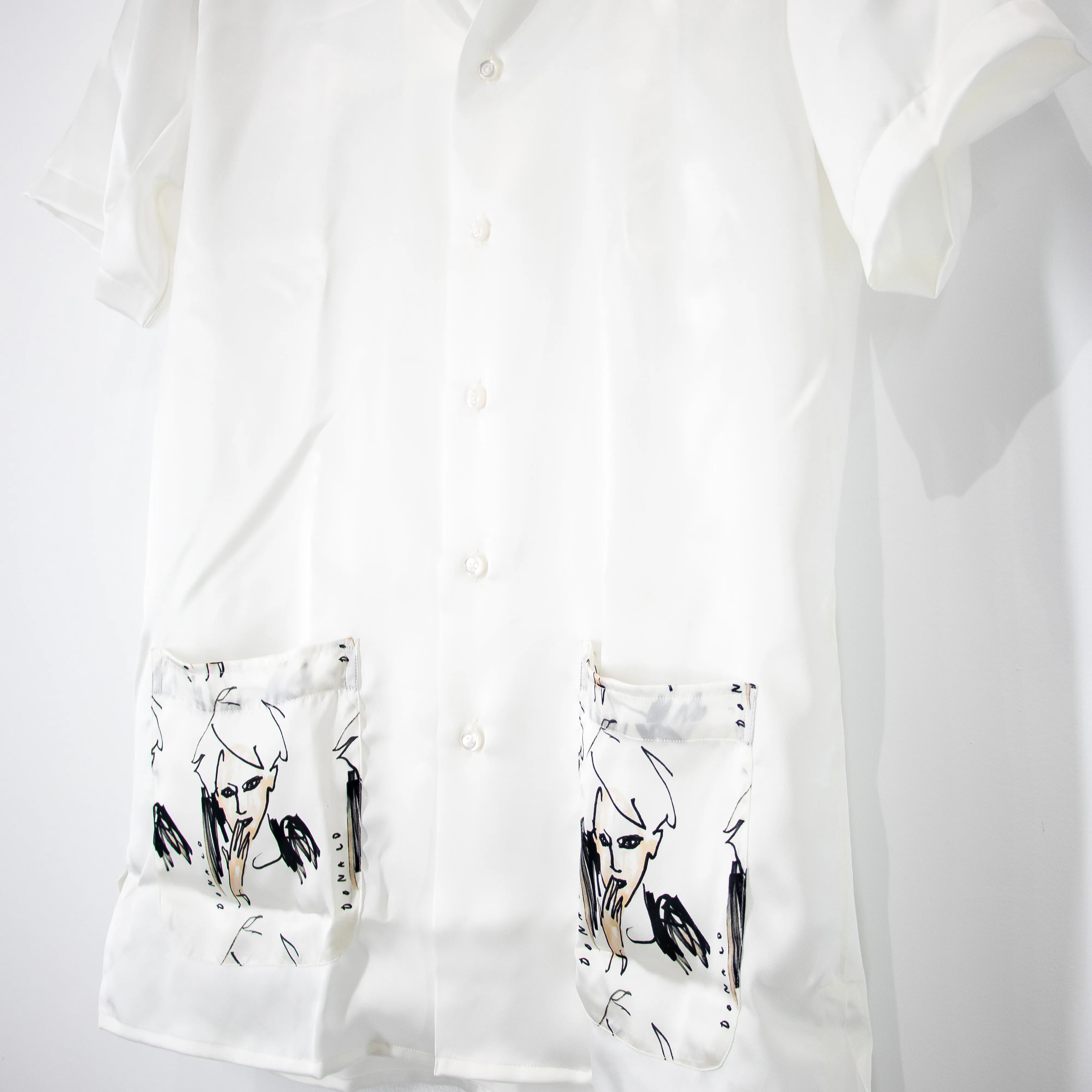 Ivory White Italian Imported Cuban Face Accented Short Sleeve Silk Shirt