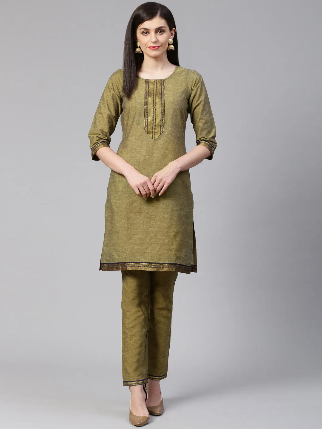 Jashvi Women Mustard Yoke Design Kurta with Trousers