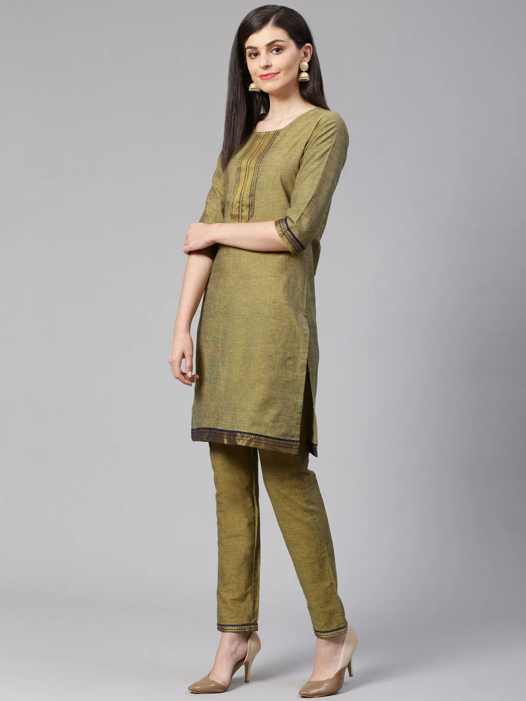 Jashvi Women Mustard Yoke Design Kurta with Trousers