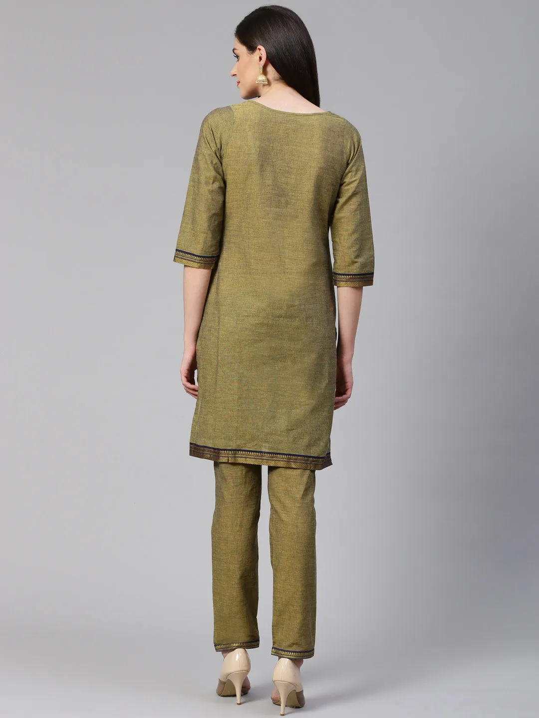 Jashvi Women Mustard Yoke Design Kurta with Trousers