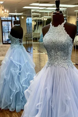 kamahe Baby Blue Prom Dress A Line Halter Long Party Evening Dress with Appliques Open Back