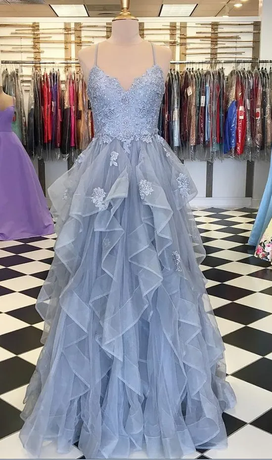 kamahe Blue Gray Tulle Ruffles Long Spaghetti Straps Evening Dress, Prom Dress