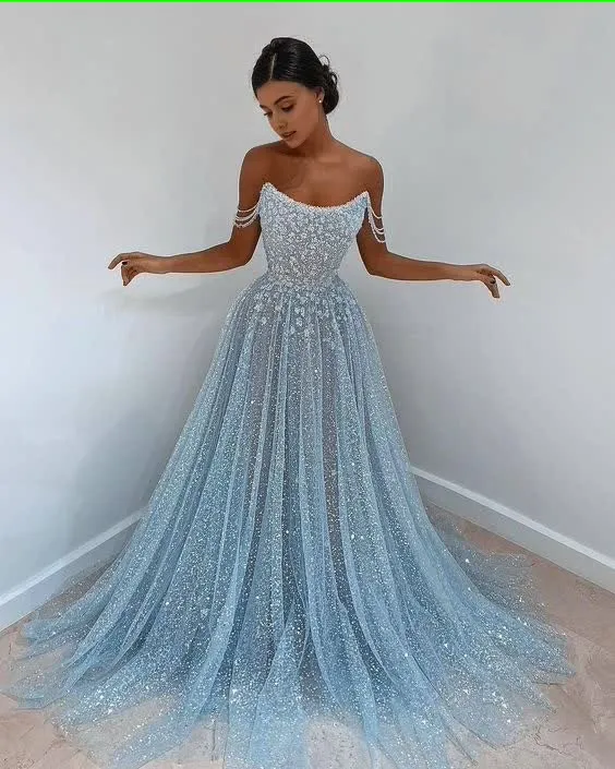 kamahe Blue tulle long prom dress, blue tulle evening dress