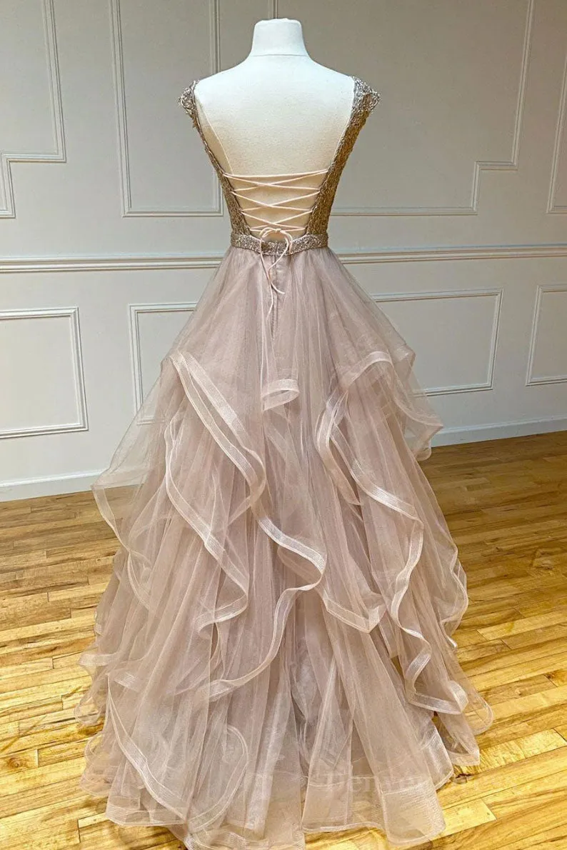 kamahe Champagne round neck tulle lace long prom dress evening dress