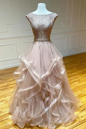 kamahe Champagne round neck tulle lace long prom dress evening dress