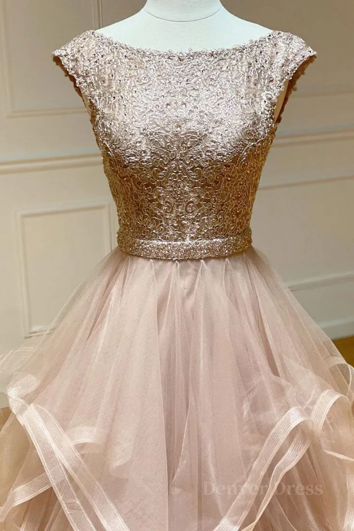 kamahe Champagne round neck tulle lace long prom dress evening dress