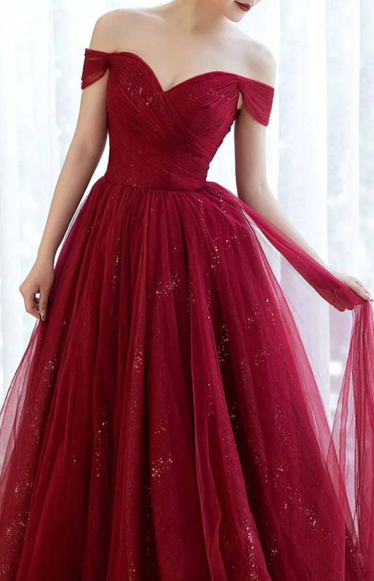 kamahe Urgundy Tulle Long Prom Dress, A-Line Off The Shoulder Evening Dress