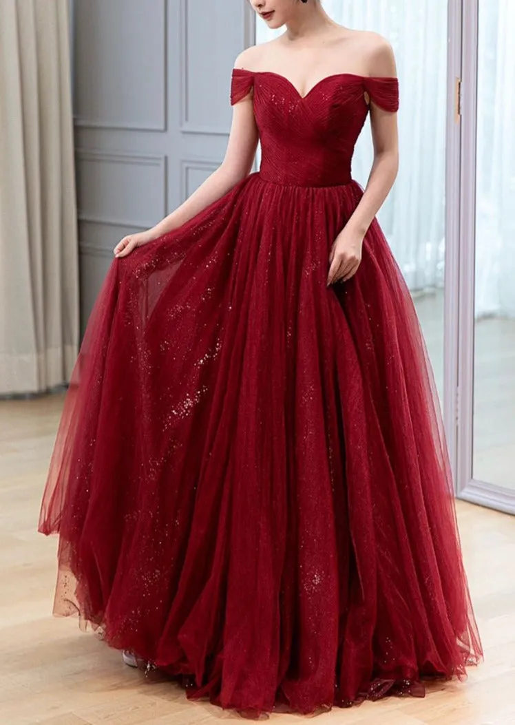 kamahe Urgundy Tulle Long Prom Dress, A-Line Off The Shoulder Evening Dress