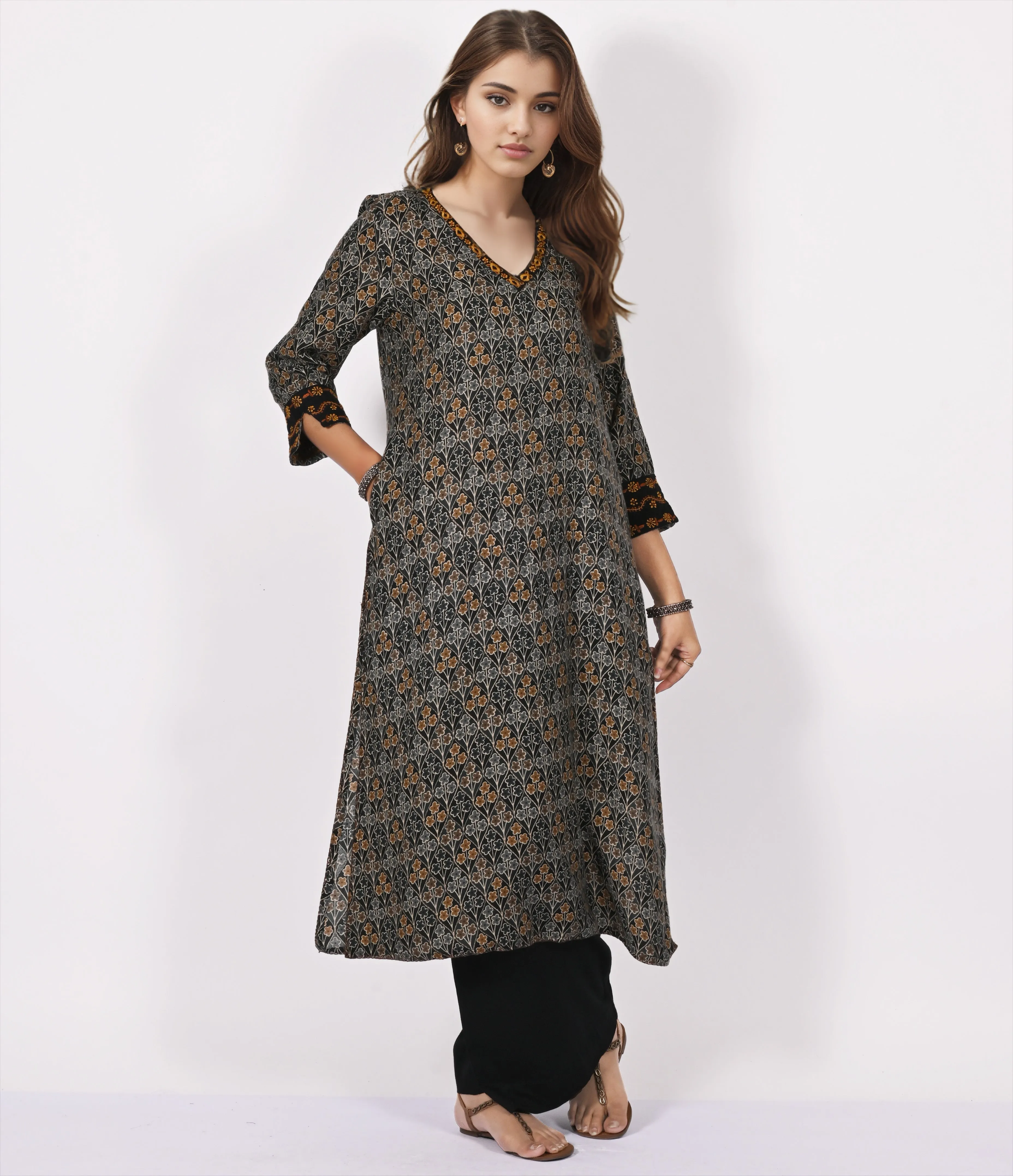 KASI Block Print Style Pure Cotton Hand Embroidered Long Tunic Dress; Made to Order/Customizable