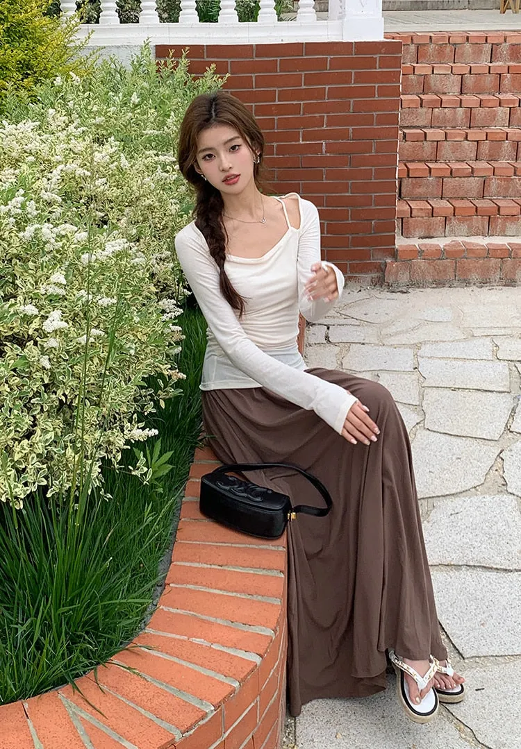 [Korean Style] 3 Colors Elastic Waisted A-line Maxi Skirt